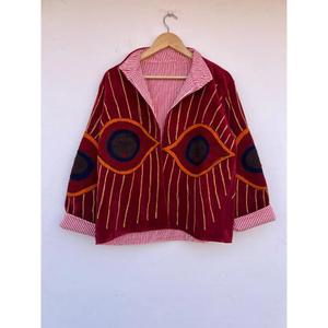 Suzani Embroidered Evil Eye Green Velvet Cotton Autumn Winter Eco-Friendly Bohemian Floral Reversible <b>Jacket</b> Gift Her Uzbek - Product Image 2