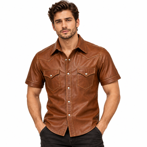 Men Brown Leather Western <b>Shirt</b> Short Sleeve Classic Point Collar Snap Button Front Two Flap Chest Pockets Vintage <b>Cowboy</b> Casual - Product Image 3