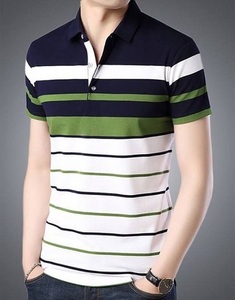เสื้อโปโลผู้ชายสไตล์ลำลองทันสมัย ผลิตจากผ้าฝ้ายเนื้อนุ่ม ดีไซน์ลายทางทันสมัย - Product Image 1