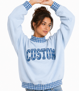 Sweat-shirt en molleton bleu clair pour femme, personnalisé, avec bordure à carreaux et motif lettre brodé, col rond, coupe classique, pour l'automne - Product Image 5