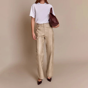 Customized Women's <b>Summer</b> High Waist Regular Fit Breathable Eco-Friendly PU Leather Design Zipper Fly Straight <b>Pants</b> For Women - Product Image 6