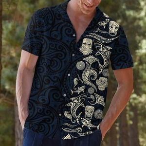 Chemise Hawaïenne Homme Manches Courtes Imprimé Tribal Polynésien Noir Chemises d'Été Respirantes Col Rabattu - Product Image 1