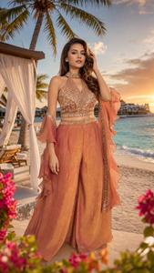 Elegante Salwar Kameez de Seda Naranja para Mujer con Top Corto Bordado y Pantalones Largos hasta el Suelo para Ocasiones de Playa - Product Image 1