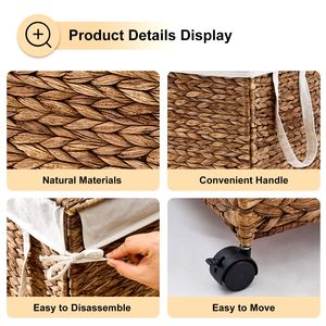 Cesto de Ropa Plegable Tejido con Jacinto de Agua Natural, con Tapa y Ruedas - Product Image 3