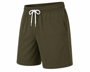 Shorts décontractés pour hommes en nylon/acrylique tricoté vert olive de haute qualité avec cordon de serrage, logo frontal, taille haute, couleur unie, respirants - Product Image 3