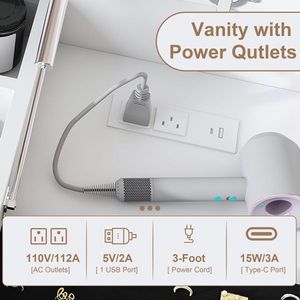 Specchio LED Illuminato con Scrivania per Trucco, 2 Cassetti Ribaltabili, Vano Portaoggetti Aperto, Ganci e Presa Elettrica Integrata - Product Image 3