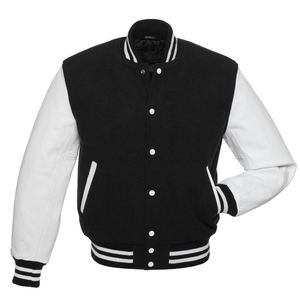 Chaquetas Varsity Personalizadas de Lana Negra y Cuero Genuino Blanco con Mangas Bordadas en Chenille, Chaqueta de Béisbol Extra Grande para Hombre - Product Image 1