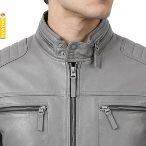 SAMAVIA <b>Men's</b> PU <b>Leather</b> Canvas Moto <b>Jacket</b> Stand Collar Zipper Closure Gray Slim Fit Biker Style Autumn Wear Quick Dry - Product Image 6