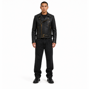 <b>Men's</b> Drum-Dyed Horsehide <b>Leather</b> <b>Jacket</b> Breathable Windproof Eco-Friendly Quilted Cafe Racer Slim Perfecto Moto Biker - Product Image 1