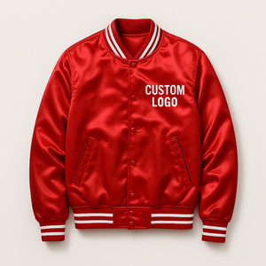 Chaqueta Varsity Roja de Satén con Logotipo Personalizado, Chaqueta Bomber Casual para Hombre con Cierre de Botones y Estampado Frontal, Ropa de Otoño - Product Image 3