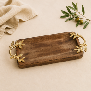 Bandeja de Servir Artesanal de Madera de Mango Natural con Asas Decorativas de Hoja de Olivo en Latón, Plato Rectangular de Lujo para Cocina en Oferta - Product Image 1