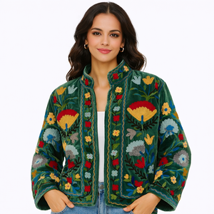 Boho Suzani Embroidered <b>Quilted</b> Knitted Velvet Eco-Friendly Breathable Reversible Bomber Jacket Cotton Soft <b>Winter</b> Coat Letter - Product Image 3
