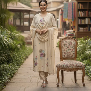 Elegante Conjunto de Kurti de Algodón Puro Crema con Bordado y Dupatta de Algodón Mul – Ropa Étnica de Primera Calidad con Trabajo de Hilo para Mujer - Product Image 1