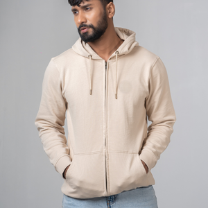 Sudadera con capucha beige con cremallera de tacto premium para hombre, tejido de felpa 100% algodón, tejido suave y cómodo, dos bolsillos, con cordón ajustable. - Product Image 1