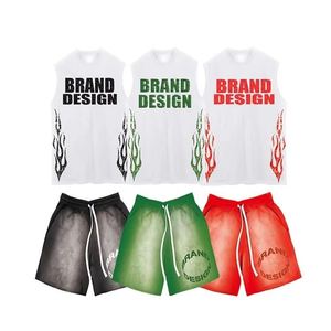 Conjunto de Camiseta sin Mangas y Pantalones Cortos para Hombre, Ecológico, de Poliéster/Algodón, Liso, Teñido, Transpirable, Personalizable, Estilo Casual Urbano - Product Image 6