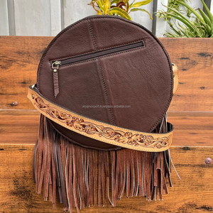 Sac à bandoulière rond en cuir suédé fabriqué à la main en gros personnalisé avec frange en cuir véritable cercle fermeture éclair sacs à bandoulière pour les femmes - Product Image 5