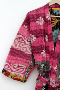 Recién llegado, chaqueta Kantha de algodón indio, chaqueta de edredón Kantha Vintage, Kimono largo clásico con cinturón y chaqueta de mujer de cuello grande - Product Image 6