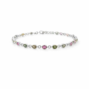 925 Sterling Silver Multi Tourmaline Oval Shape Bezel Set <b>Bracelet</b> 21 Stone Gold & Rhodium Plated - Product Image 2