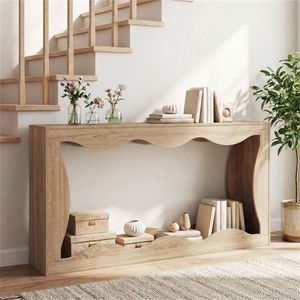 63\" Natural Narrow <b>Console</b> <b>Table</b> with Wavy Hollow Design 2 Tier Extra Long Entryway <b>Table</b> with <b>Storage</b> Shelf - Product Image 3