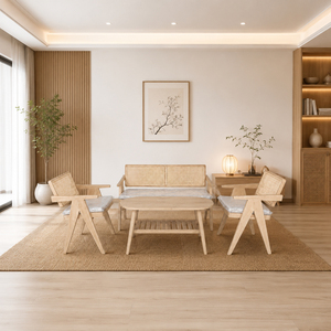 Juego de Muebles de Salón Modernos Escandinavos Malmo de Teca y Ratán con Acabado Blanqueado, Mesa de Centro Ovalada Premium con Estante y Sofá de Mimbre para Salón de Hotel - Product Image 5