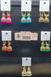 <b>Gold</b> Plated <b>Small</b> <b>Hoop</b> Wire Enamel Jhumka Earrings Colorful Bead Bunch Hanging Dome Jewelry Wholesale Set - Product Image 3