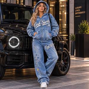 Conjunto de chándal de mezclilla desgastada con lavado ácido para mujer, chaqueta bordada con cremallera y pantalones holgados a juego, estilo urbano. - Product Image 3