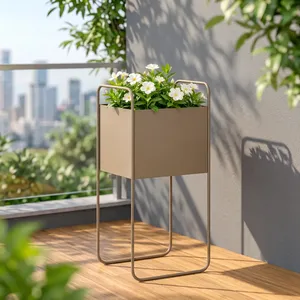 Jardinière moderne en métal taupe avec support tubulaire haut, pot de fleurs rectangulaire minimaliste pour maison, jardin et balcon contemporains - Product Image 3