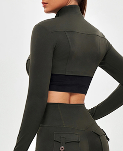 Women's Olive Green Full Sleeve Crop <b>Top</b> Pullover Closure Black Sports Bra <b>Layered</b> Look Regular Fit Solid Color Printed All - Product Image 3