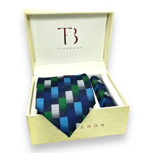 Conjunto de Corbata Azul con Diseño Geométrico para Hombre |   Combo de Corbata de Seda Premium, Pañuelo de Bolsillo y Gemelos |   Caja de Regalo de Lujo para Bodas y Eventos Empresariales - Product Image 1