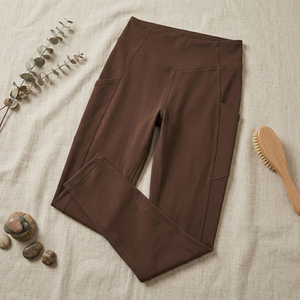 Choco Brown Color <b>Leggings</b> <b>with</b> <b>Pocket</b> High Waist Full Length Knitted Spandex Polyester Breathable Quick Dry Women's Activewear - Product Image 5