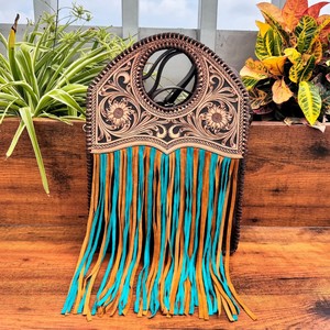 Best Seller Hand Tooled Genuine Leather <b>Large</b> Turquoise Fringe Crossbody Bag for Women's Western Cowhide Floral Top Handle Purse - Product Image 4