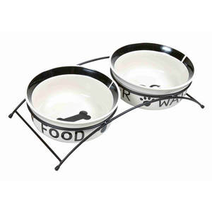 Set di Ciotole e Mangiatoie in Ceramica per Animali Domestici con Supporto 2 X 1,6 l 20 cm Bianco-Nero - Product Image 1