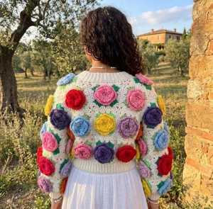 Cardigan en crochet fait main 3D Rose, patchwork floral coloré, style bohème, en laine et cachemire pour femme, taille XL - Product Image 6