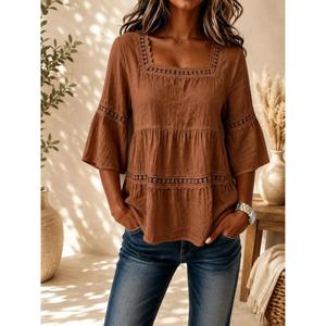 Blusa Peplum de Alta Calidad con Encaje Multicolor para Mujer, Cuello Cuadrado, Manga Campana, Algodón, Estilo Boho, Informal, para Verano, Precio al por Mayor - Product Image 4