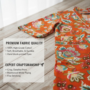 Kimono de Algodón con Estampado Floral Naranja Hecho a Mano |   Bata Larga Estampada a Mano para Mujer |   Ropa de resort premium de manga larga con cuello en V - Product Image 4