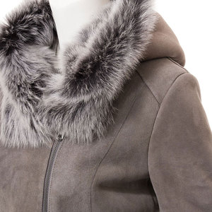Custom Women's Shearling <b>Coat</b> <b>With</b> <b>Fur</b> Trim Hood And Cuffs Zipper Closure Winter Warm Jacket Suede <b>Leather</b> Full Sleeve OEM - Product Image 4