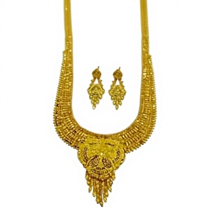 Magnifique ensemble de collier long Rani Haara en or massif 22 carats avec boucles d'oreilles assorties, bijoux fins traditionnels indiens pour mariée - Product Image 1