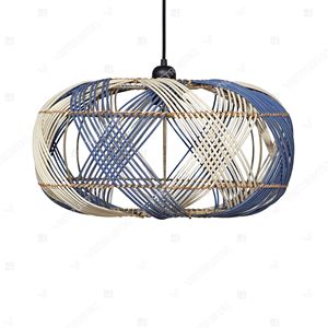 Lustre suspendu en rotin bleu et blanc, abat-jour tressé en cannage, lampe de plafond pour décoration intérieure - Product Image 4