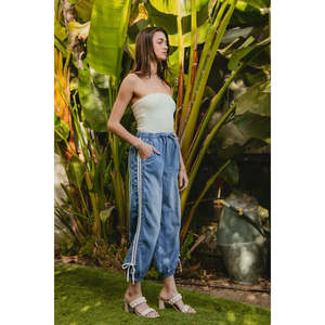 BiBi Women's Striped Tape Details Bot <b>Tied</b> Point Elastic Waist Jeans - Product Image 1