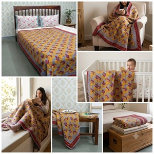 Hand Block Printed Kantha Cotton Twin Quilt 150x220 cm Hand Embroidered Indian Handmade <b>Throw</b> Bedspread Traditional Home Textile - Product Image 5