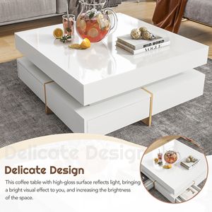On TREND Modern High Gloss 4-Drawer <b>Coffee</b> <b>Table</b> Square Cocktail Tea Wood Grain <b>Legs</b> Center <b>Table</b> with Multi-Storage - Product Image 4