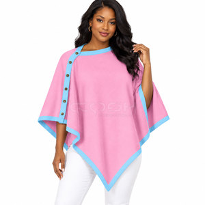 Cosh International Sorority Sisterhood Pink Asymmetric <b>Poncho</b> Knitted Open Front Button Closure O-Neck Sleeveless Solid Color - Product Image 3