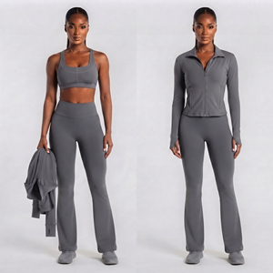 Ensemble de yoga 3 pièces pour femme : veste ajustée à col rabattu, soutien-gorge de sport et leggings évasés – Tenue de sport complète 3 pièces - Product Image 1