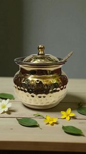Handcrafted Hammered Brass Condiment <b>Jar</b> with Lid and Spoon Traditional Indian Spice <b>Storage</b> Pot Decorative <b>Kitchen</b> Countertop - Product Image 5