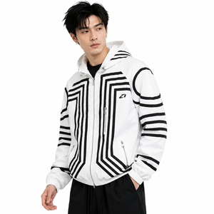 2026 Trendy Customize Geometric Stripe Hooded Windbreaker <b>Jacket</b> <b>Men</b> Oversized Zip Up Streetwear Lightweight Nylon <b>Men's</b> <b>Jackets</b> - Product Image 4