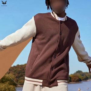 OEM ODM Men's Brown Varsity Jacket Fleece Cotton Blend Casual Button Front Regular Fit Autumn Outerwear For Wholesale Rate - Product Image 6