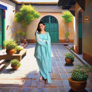 Salwar Kameez Tradicional Azul Cielo con Diseño Crunch Hotfix y Dupatta |   Listo para Usar en Bodas, Diwali y Fiestas |   Secado Rápido - Product Image 1