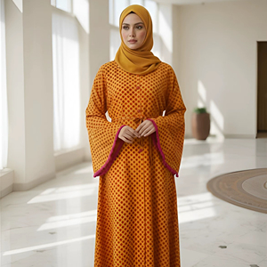 Abaya en coton pour femme, col rond, manches longues, longueur au sol, silhouette ample évasée, respirante, séchage rapide, légère, pour tenue décontractée ou de soirée - Product Image 1