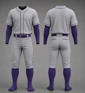 Ensemble uniforme de baseball pour homme gris et violet, maillot à boutons et pantalon en polyester respirant, coupe classique, toutes saisons - Product Image 1