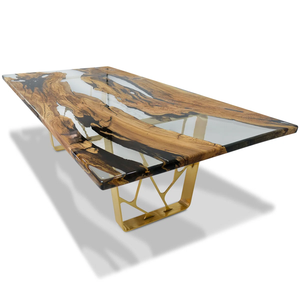 Table à manger moderne en bois massif et résine époxy, pieds en métal doré, rectangulaire, faite à la main, mobilier de maison, 6 places, à assembler - Product Image 1